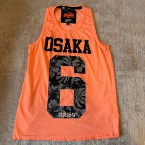 Vintage Superdry Sport Logoed Mens Orange Sleeveless Fitted T-Shirt Size L